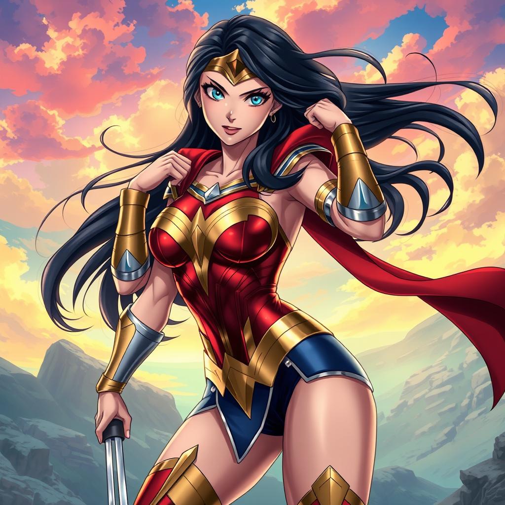 Anime rendition of Wonder Woman, featuring her in a dynamic pose that showcases her strength and femininity