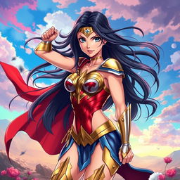 Anime rendition of Wonder Woman, featuring her in a dynamic pose that showcases her strength and femininity