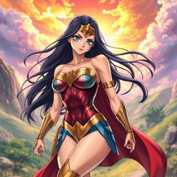 Anime rendition of Wonder Woman, featuring her in a dynamic pose that showcases her strength and femininity