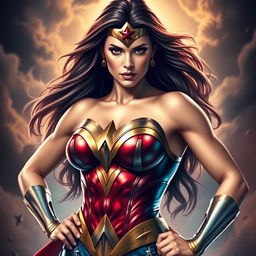 A stunning and empowered female superhero inspired by Wonder Woman, showcasing her strengths with a confident pose