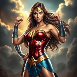 A stunning and empowered female superhero inspired by Wonder Woman, showcasing her strengths with a confident pose