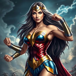 A stunning and empowered female superhero inspired by Wonder Woman, showcasing her strengths with a confident pose