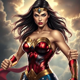 A stunning and empowered female superhero inspired by Wonder Woman, showcasing her strengths with a confident pose