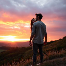 A romantic scene of two lovers holding hands on top of a hill, bathed in the warm glow of a sunset