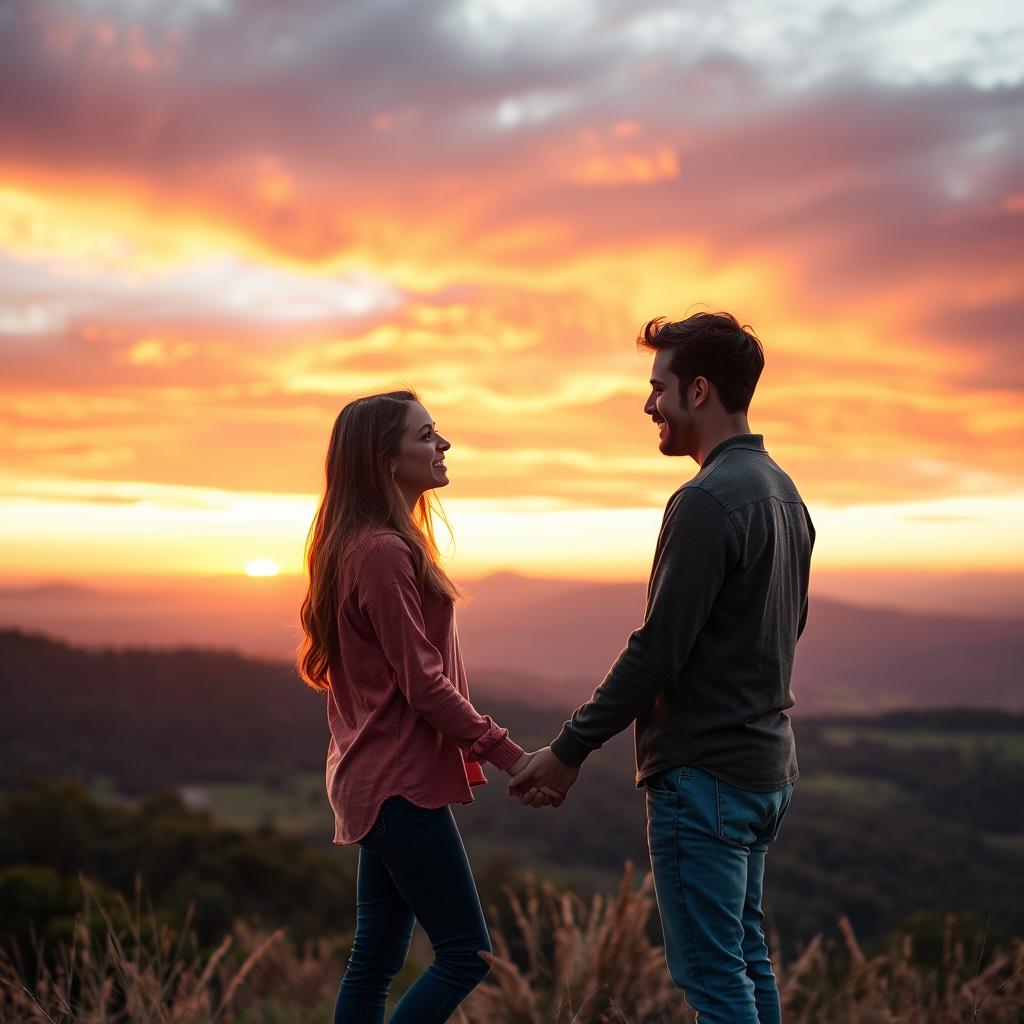 A romantic scene of two lovers holding hands on top of a hill, bathed in the warm glow of a sunset