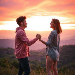 A romantic scene of two lovers holding hands on top of a hill, bathed in the warm glow of a sunset