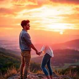 A romantic scene of two lovers holding hands on top of a hill, bathed in the warm glow of a sunset