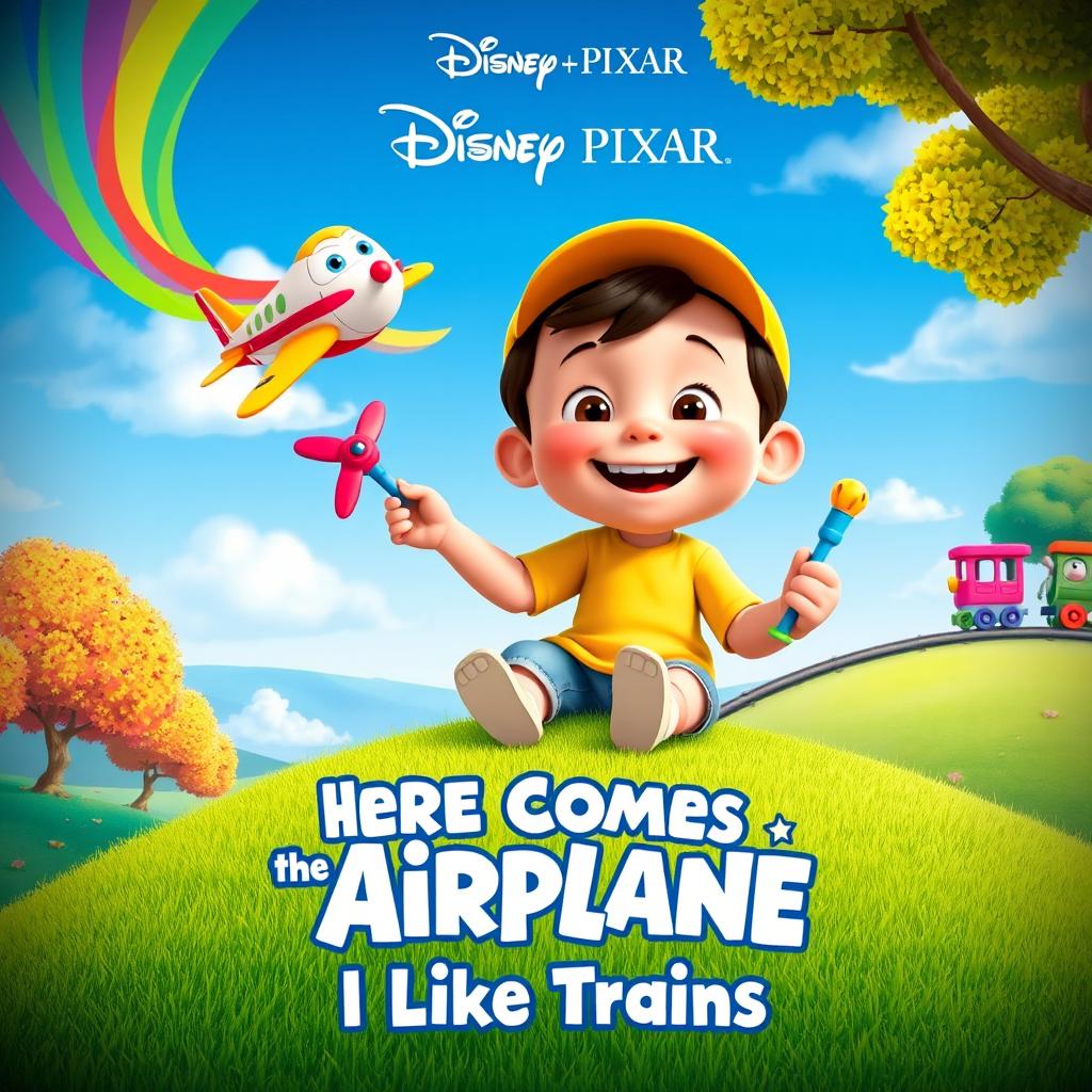 A playful and colorful Disney Pixar movie poster titled 'Here Comes the Airplane: I Like Trains'