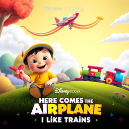 A playful and colorful Disney Pixar movie poster titled 'Here Comes the Airplane: I Like Trains'