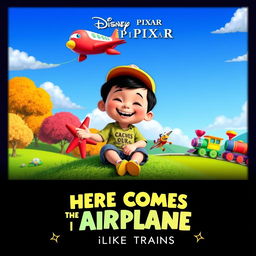 A playful and colorful Disney Pixar movie poster titled 'Here Comes the Airplane: I Like Trains'