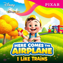 A playful and colorful Disney Pixar movie poster titled 'Here Comes the Airplane: I Like Trains'