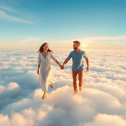 A breathtaking scene of two lovers walking hand in hand above fluffy white clouds