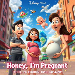 A whimsical and humorous Disney Pixar movie poster titled 'Honey, I'm Pregnant: I Can Explain! Ok, The Baby is Flying, It Rotated the Whole Earth!'