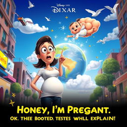 A whimsical and humorous Disney Pixar movie poster titled 'Honey, I'm Pregnant: I Can Explain! Ok, The Baby is Flying, It Rotated the Whole Earth!'