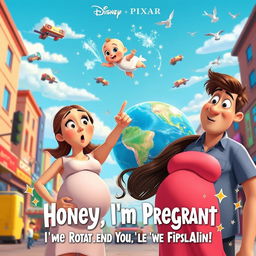 A whimsical and humorous Disney Pixar movie poster titled 'Honey, I'm Pregnant: I Can Explain! Ok, The Baby is Flying, It Rotated the Whole Earth!'