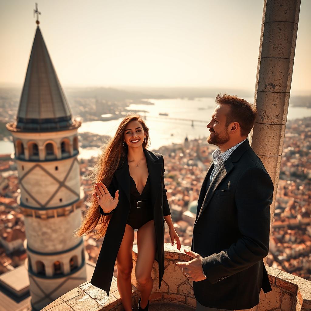 A stunningly beautiful woman with long flowing hair, dressed in a stylish outfit, standing atop the iconic Galata Tower in Istanbul, looking elegantly into the distance