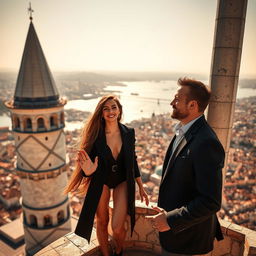 A stunningly beautiful woman with long flowing hair, dressed in a stylish outfit, standing atop the iconic Galata Tower in Istanbul, looking elegantly into the distance