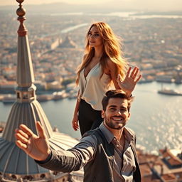 A stunningly beautiful woman with long flowing hair, dressed in a stylish outfit, standing atop the iconic Galata Tower in Istanbul, looking elegantly into the distance