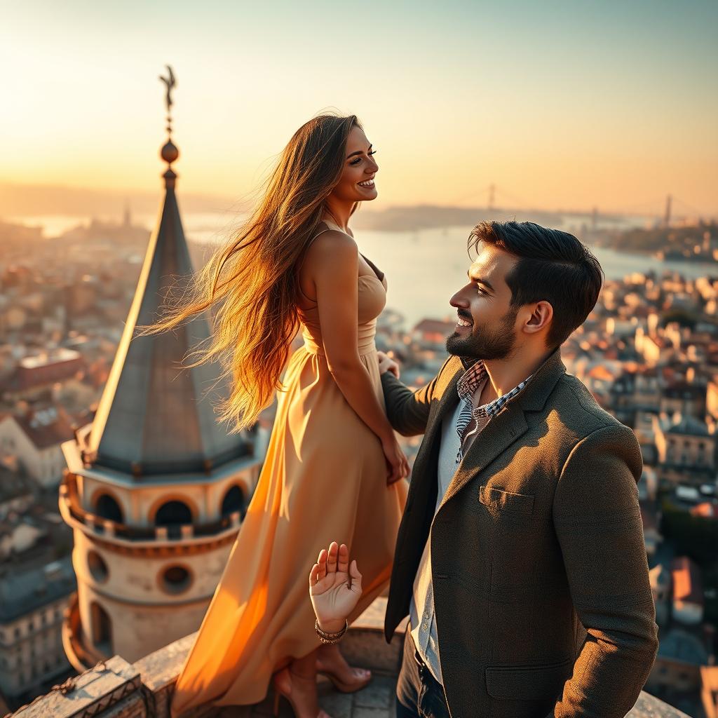 A stunningly beautiful woman with long flowing hair, dressed in a stylish outfit, standing atop the iconic Galata Tower in Istanbul, looking elegantly into the distance