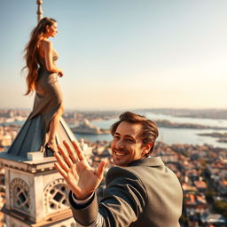 A stunningly beautiful woman with long flowing hair, dressed in a stylish outfit, standing atop the iconic Galata Tower in Istanbul, looking elegantly into the distance