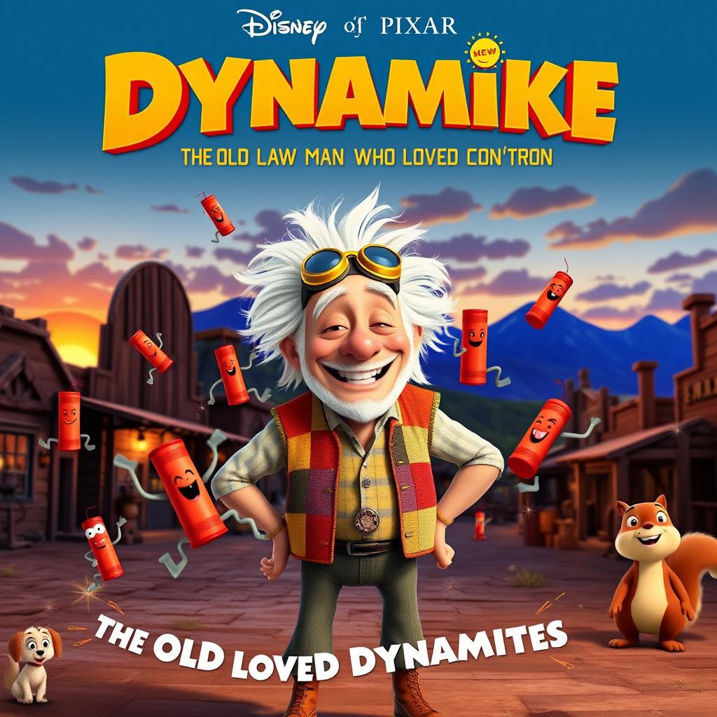 A whimsical Disney Pixar movie poster titled 'Dynamike: The Old Man Who Loved Dynamites'