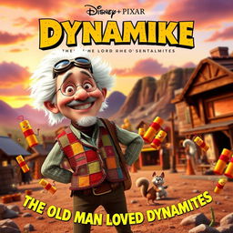 A whimsical Disney Pixar movie poster titled 'Dynamike: The Old Man Who Loved Dynamites'