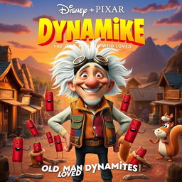 A whimsical Disney Pixar movie poster titled 'Dynamike: The Old Man Who Loved Dynamites'