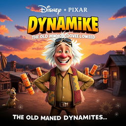 A whimsical Disney Pixar movie poster titled 'Dynamike: The Old Man Who Loved Dynamites'