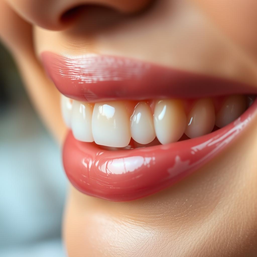 An artistic close-up of a set of teeth, highlighting the shine and texture of the enamel