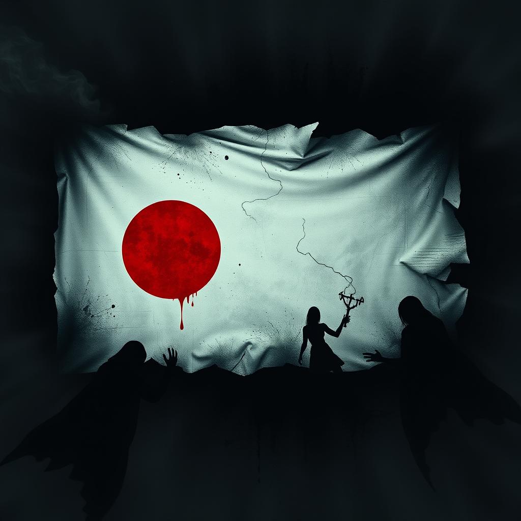 A haunting interpretation of the Japanese flag, where the traditional red circle is depicted as a blood-like stain against a tattered white background