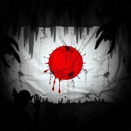 A haunting interpretation of the Japanese flag, where the traditional red circle is depicted as a blood-like stain against a tattered white background