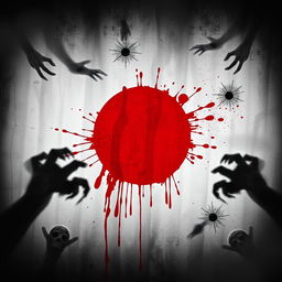 A haunting interpretation of the Japanese flag, where the traditional red circle is depicted as a blood-like stain against a tattered white background