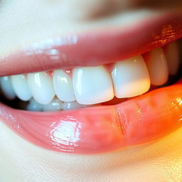 An artistic close-up of a set of teeth, highlighting the shine and texture of the enamel