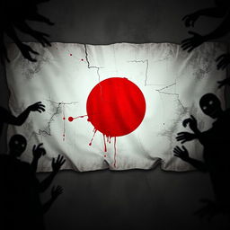 A haunting interpretation of the Japanese flag, where the traditional red circle is depicted as a blood-like stain against a tattered white background