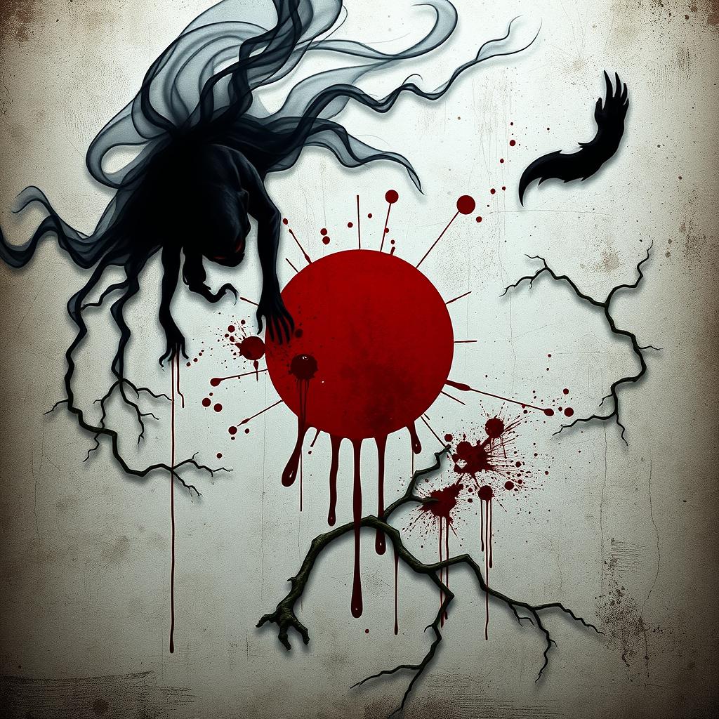 A horror-themed interpretation of the Japanese flag, where the traditional red circle appears as a sinister blood drop, splattered against a grungy, distressed white background