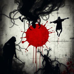 A horror-themed interpretation of the Japanese flag, where the traditional red circle appears as a sinister blood drop, splattered against a grungy, distressed white background