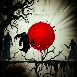 A horror-themed interpretation of the Japanese flag, where the traditional red circle appears as a sinister blood drop, splattered against a grungy, distressed white background