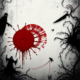 A horror-themed interpretation of the Japanese flag, where the traditional red circle appears as a sinister blood drop, splattered against a grungy, distressed white background