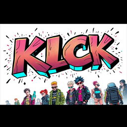 A vibrant poster featuring graffiti text that reads "KICK", filled with an electrifying cyberpunk gang scene