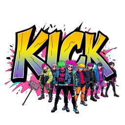 A vibrant poster featuring graffiti text that reads "KICK", filled with an electrifying cyberpunk gang scene