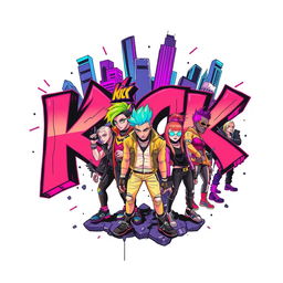 A vibrant poster featuring graffiti text that reads "KICK", filled with an electrifying cyberpunk gang scene