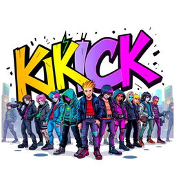 A vibrant poster featuring graffiti text that reads "KICK", filled with an electrifying cyberpunk gang scene