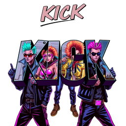 A striking poster featuring the text "KICK" in a bold Avengers-style font, creatively filled with a dynamic image of a cyberpunk gang