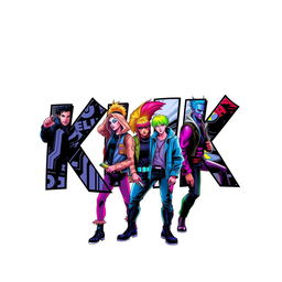 A striking poster featuring the text "KICK" in a bold Avengers-style font, creatively filled with a dynamic image of a cyberpunk gang