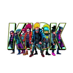 A striking poster featuring the text "KICK" in a bold Avengers-style font, creatively filled with a dynamic image of a cyberpunk gang