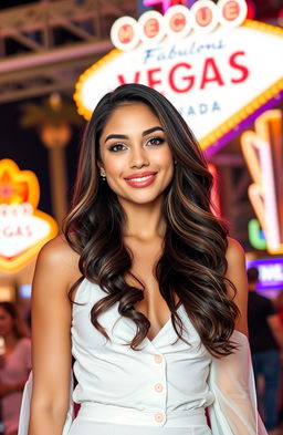 A stunning Latina girl with long, wavy brown hair, wearing a cute white outfit