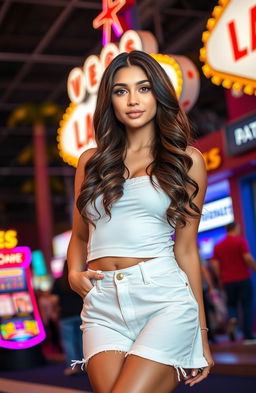 A stunning Latina girl with long, wavy brown hair, wearing a cute white outfit