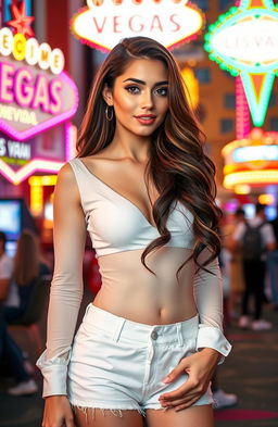 A stunning Latina girl with long, wavy brown hair, wearing a cute white outfit