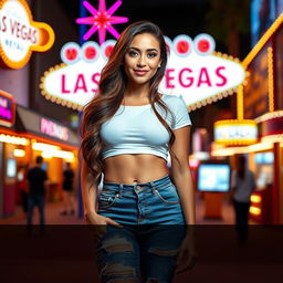 A stunning Latina girl with long, wavy brown hair, wearing a cute white crop top and ripped jeans, standing confidently in a vibrant Las Vegas setting