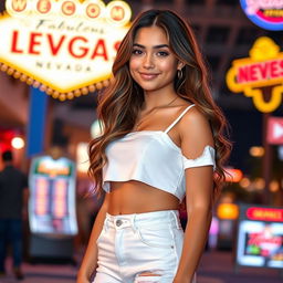 A stylish teen Latina girl with long, wavy brown hair, dressed in a cute white outfit featuring a stylish crop top and white ripped jeans